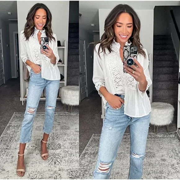 Boho White Crochet Lace Cut Out Button Up V-Neck 3/4 Sleeve Top Blouse - Picture 7 of 9